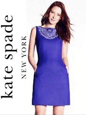 ✨NEW Luxe KATE SPADE NY Aesthetic Linen Domino Dress Embroidered Purple Blue M L